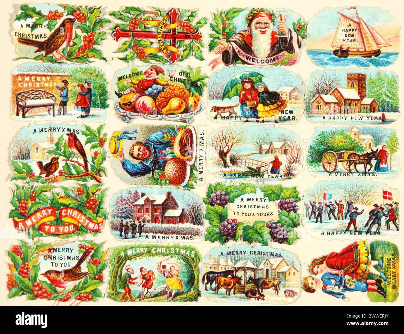 Collezione di 20 disegni di epoca vittoriana raffiguranti scene invernali e natalizie utilizzate per i motti, che illustrano le tradizioni festive del periodo. Foto Stock