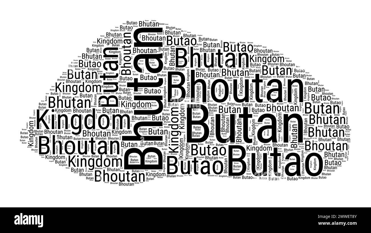 Nuvola di parole in bianco e nero a forma di Bhutan. Semplice illustrazione del paese in stile tipografico. Nuvola di testo nera del Bhutan su sfondo bianco. Illustrazione Vettoriale