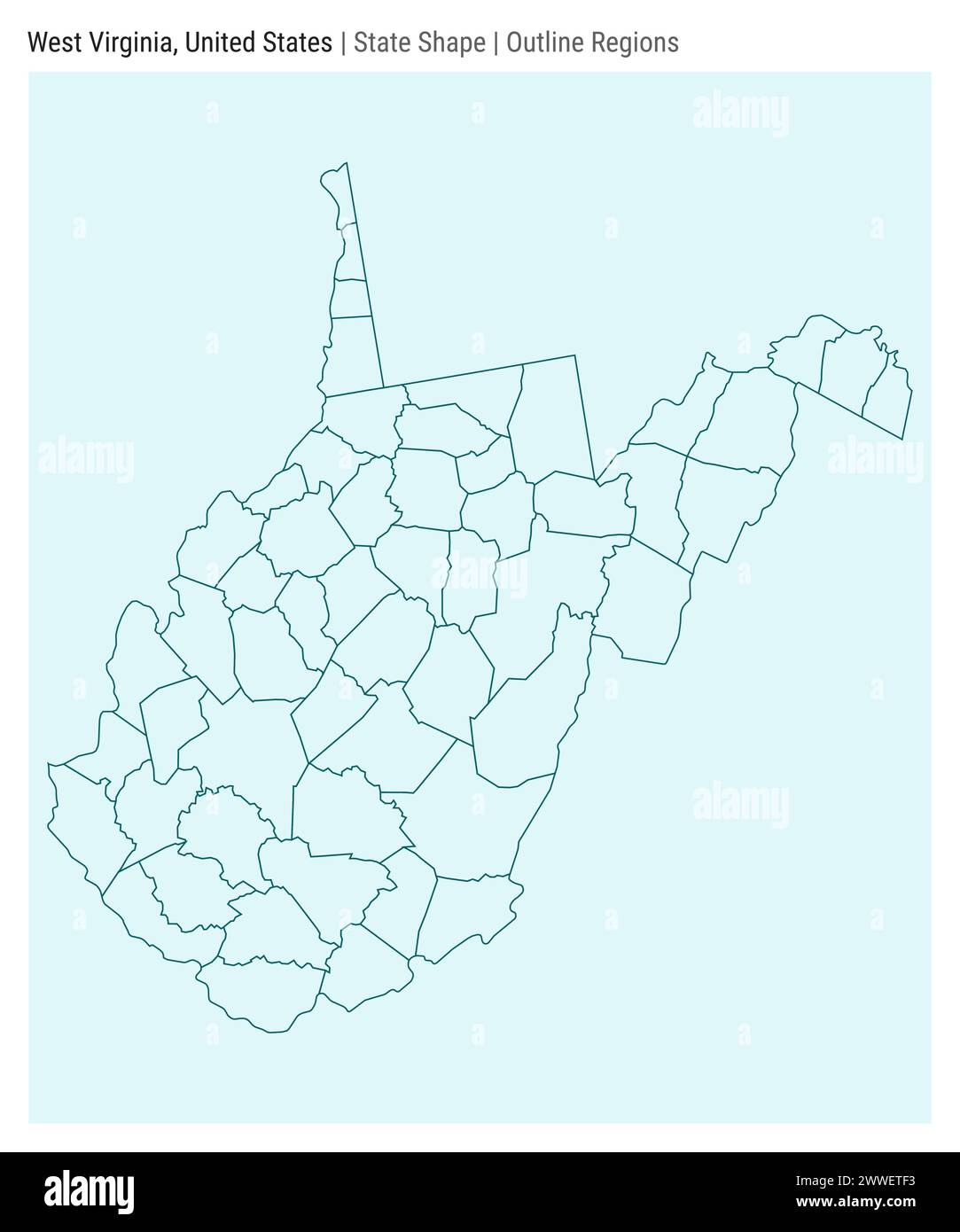 Virginia Occidentale, Stati Uniti. Semplice mappa vettoriale. Stato forma. Stile regioni contorno. Confine della Virginia Occidentale. Illustrazione vettoriale. Illustrazione Vettoriale