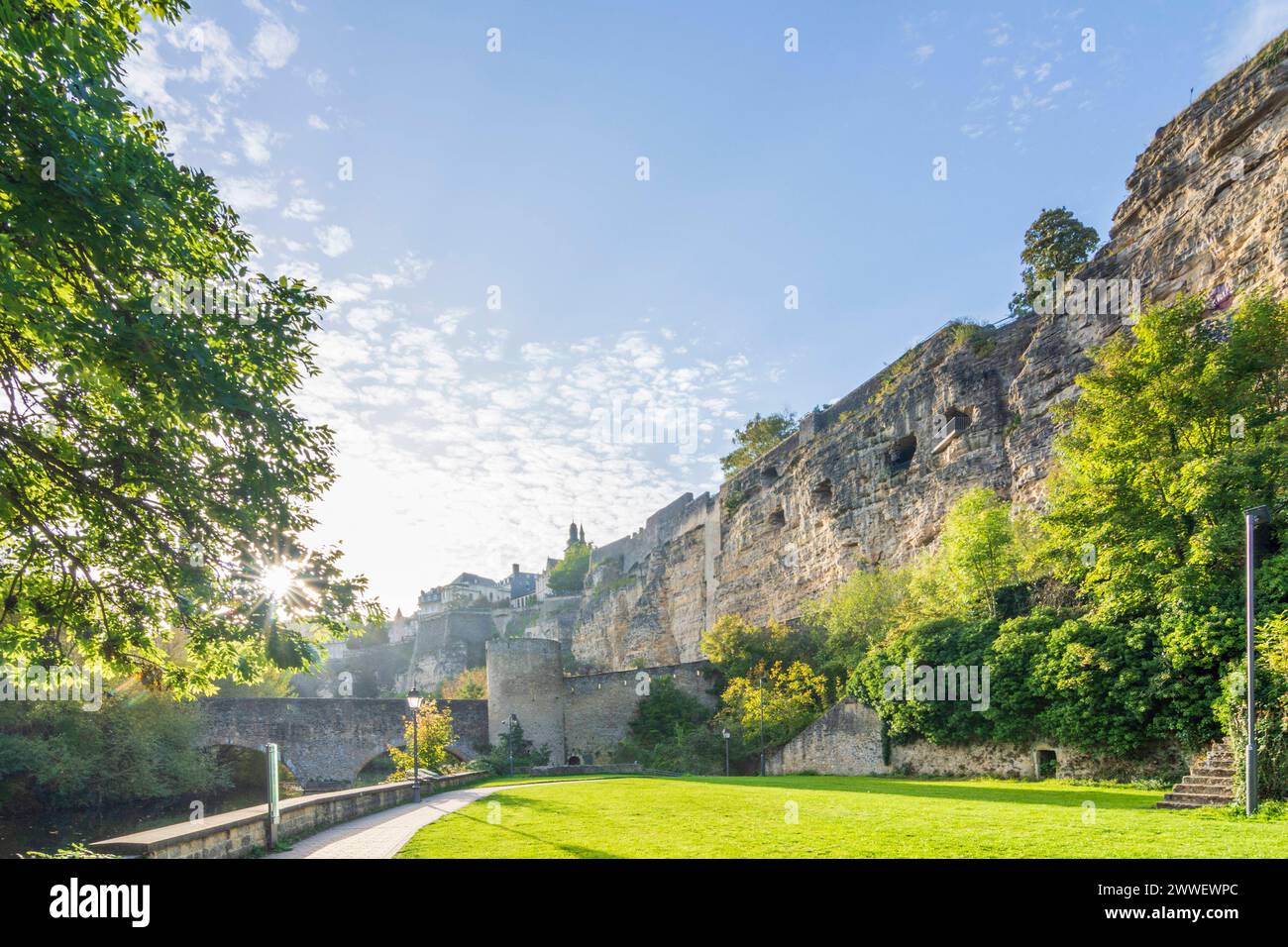 rock Bock Promontory, Wenceslas Wall, Bridge Stierchen, River Alzette Luxembourg City Luxemburg, LÃt Luxembourg Luxembourg Foto Stock