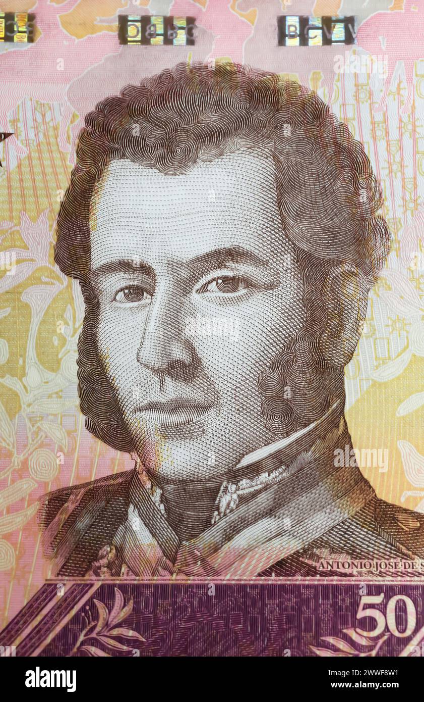 Ritratto di Antonio Jose de Sucre sulla banconota in valuta del Venezuela Bolivar (focus sul centro) Foto Stock