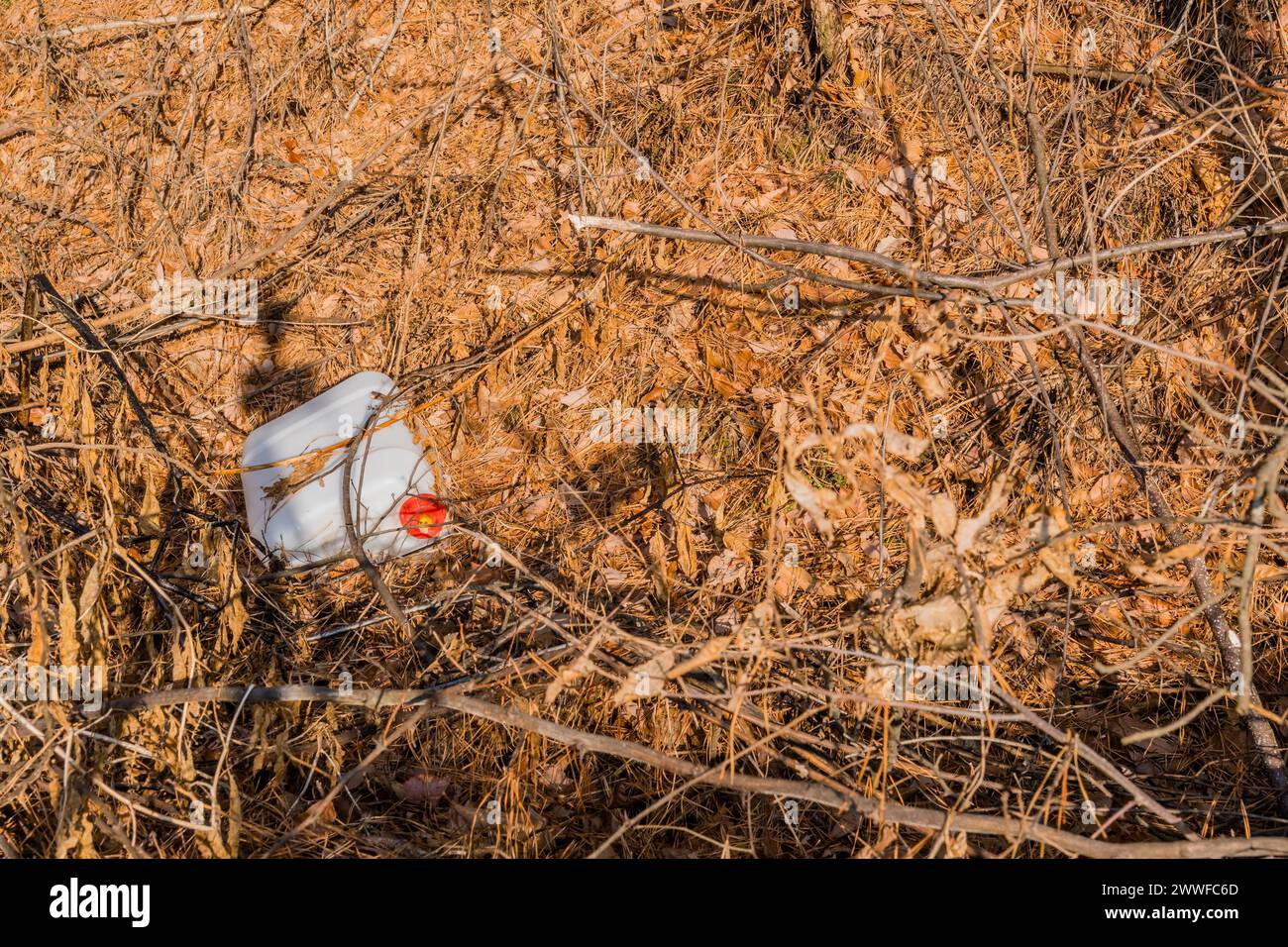 Un secchio bianco con un'etichetta rossa si trova abbandonato nella brushwood, simboleggiando l'abbandono, in Corea del Sud Foto Stock