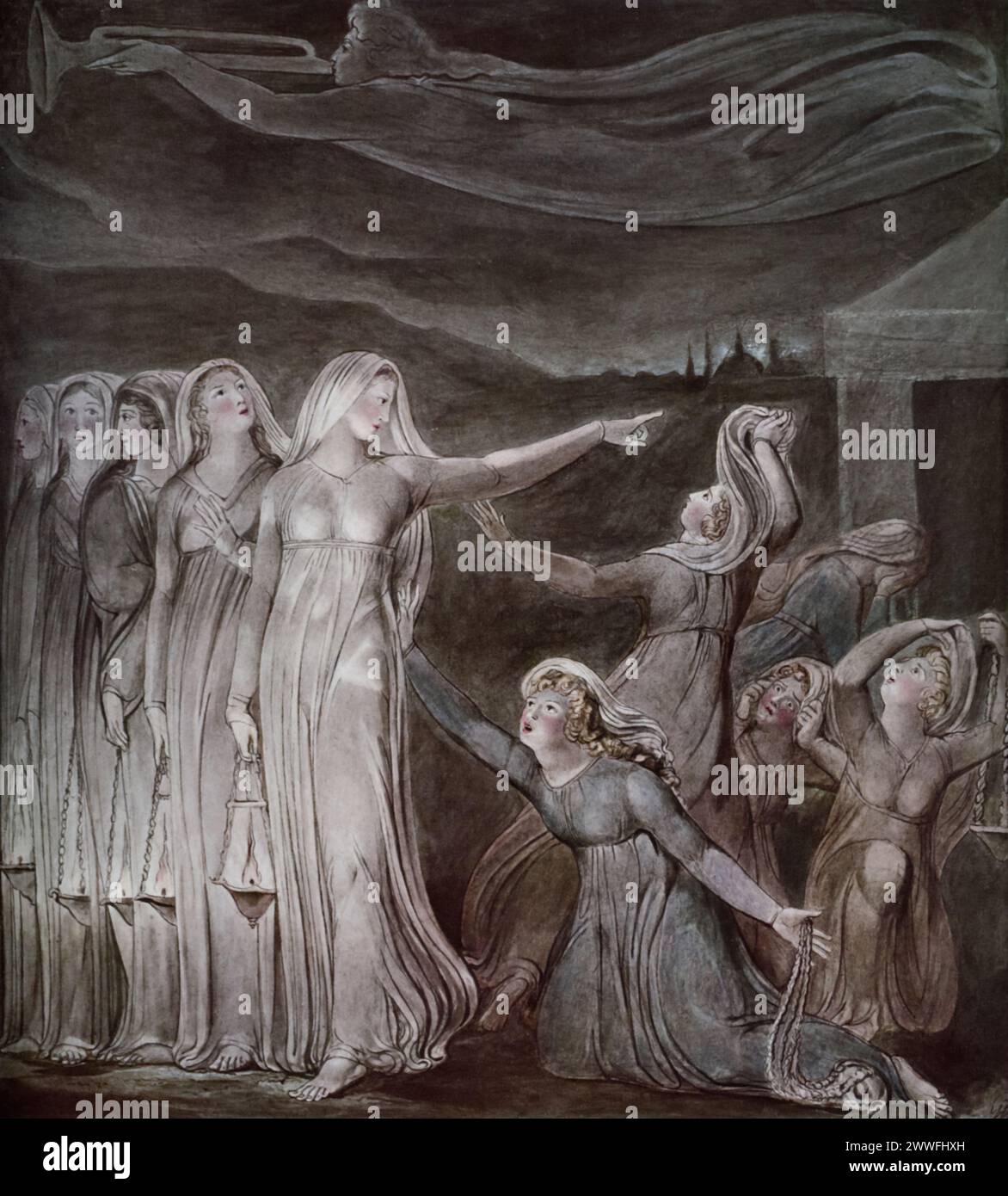 William Blake 's 'The Parable of the Wise and Foolish Virgins' (1826 circa): Questa illustrazione di Blake, un artista e poeta visionario inglese, interpreta la storia biblica di Matteo 25:1-13. Foto Stock