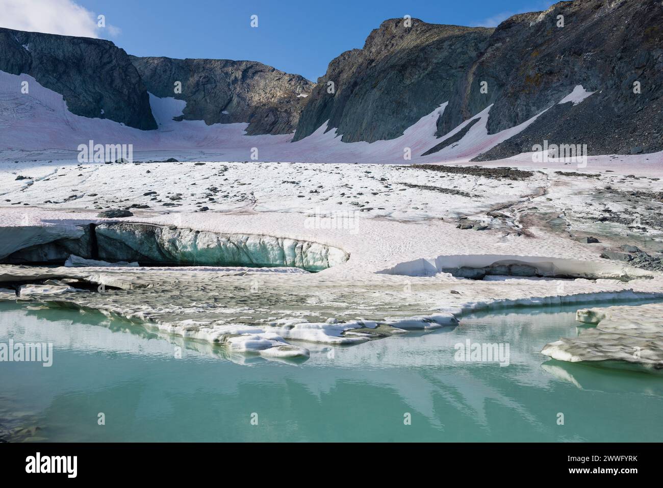 Fusione del ghiacciaio IGAN in un giorno d'estate. Polar Ural, Russia Foto Stock