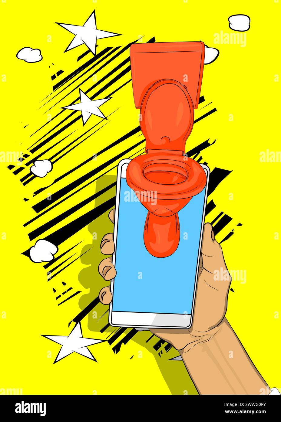 Smartphone Cartoon, telefono fumetti con WC. Fumetti vettoriali retrò e pop art. Illustrazione Vettoriale