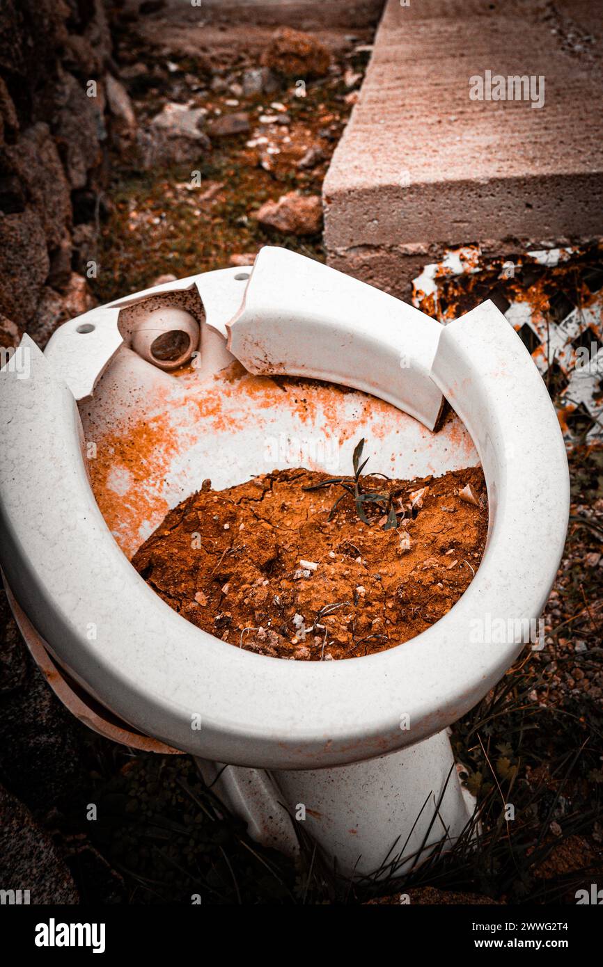 Un bagno in natura scartato, una dichiarazione sull'inquinamento e la mancanza di rispetto. Foto Stock