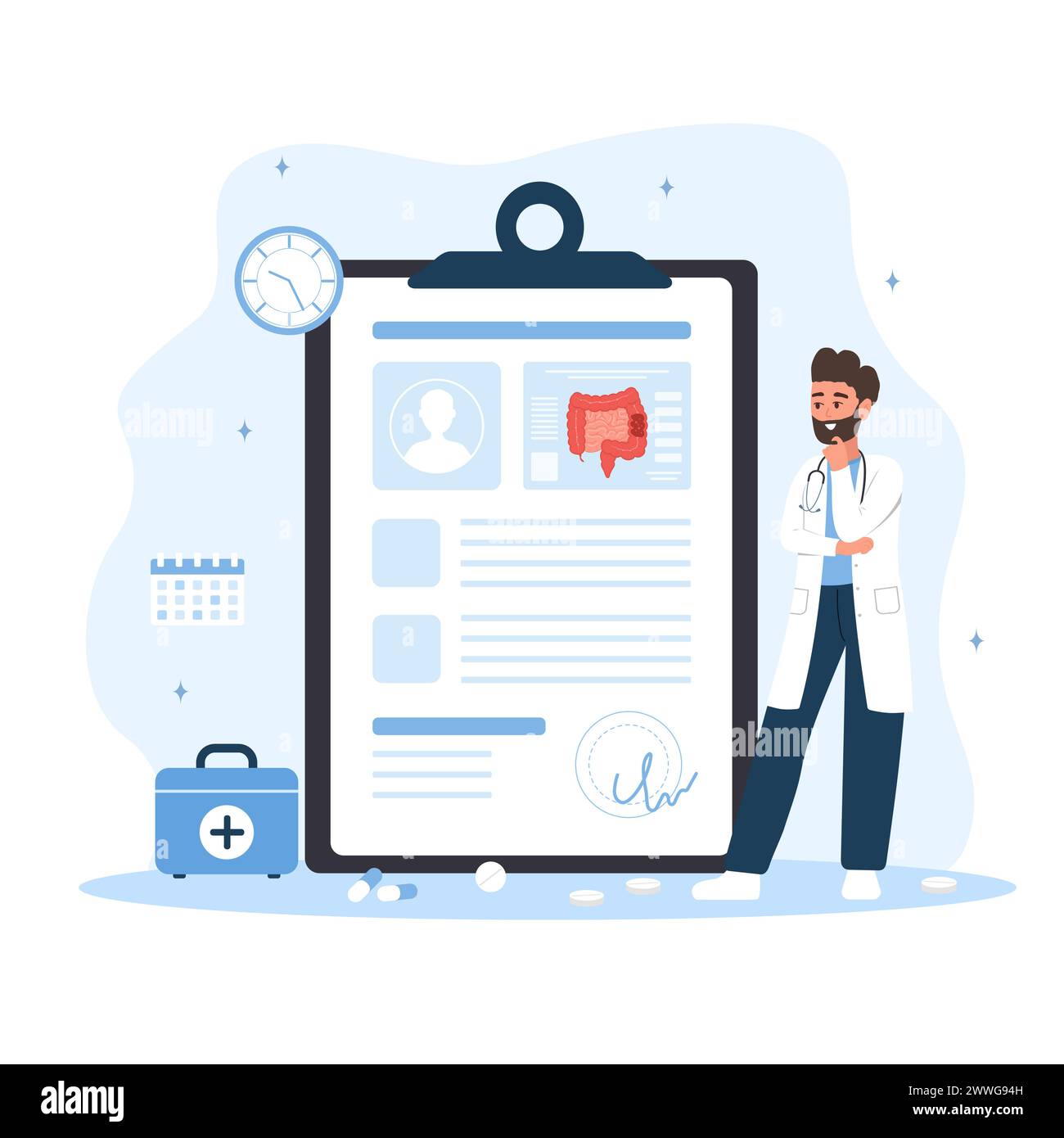 Concetto di proctologo. Medico maschile fare la diagnosi e scegliere i metodi di trattamento. Analisi intestinale uomo in camice da laboratorio. Prevenzione del cancro. Vettore Illustrazione Vettoriale