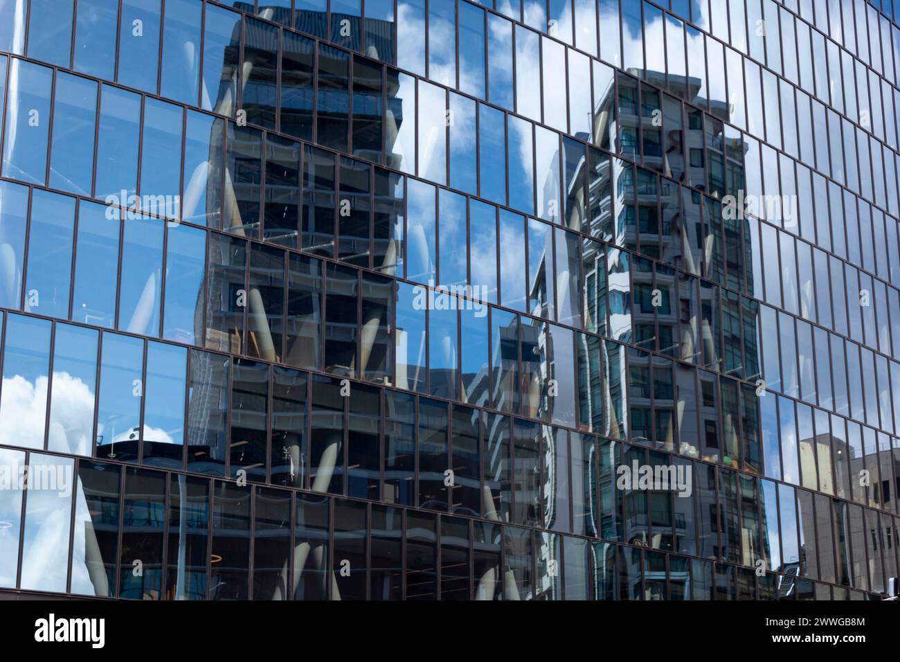 Alti edifici che si riflettono sulla facciata di vetro, Wellington, Isola del Nord, nuova Zelanda Foto Stock