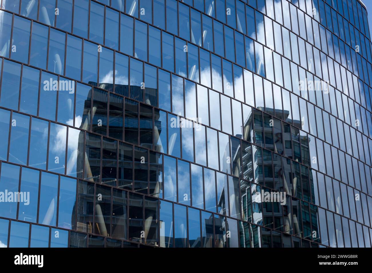 Alti edifici che si riflettono sulla facciata di vetro, Wellington, Isola del Nord, nuova Zelanda Foto Stock