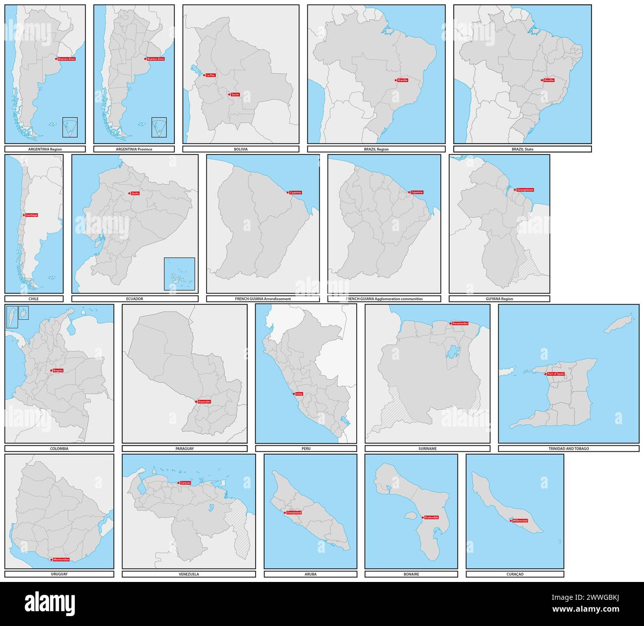 Mappe vettoriali amministrative degli stati del Sud America Foto Stock