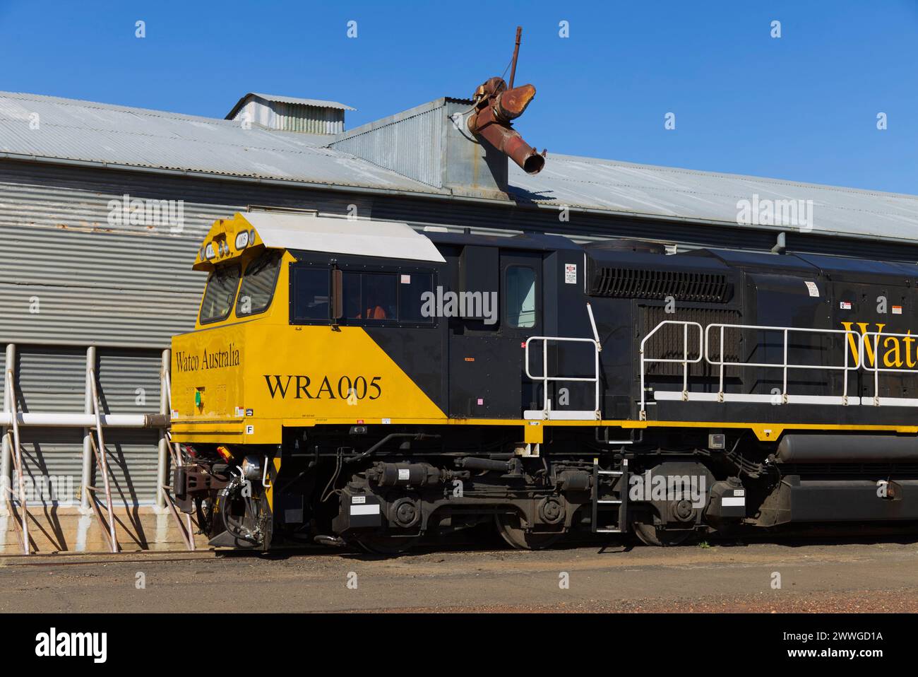 Watco Train WRA005, che scarica il grano di grado H2 dai silos presso il GrainCorp Roma West Depot Roma Queensland Australia Foto Stock