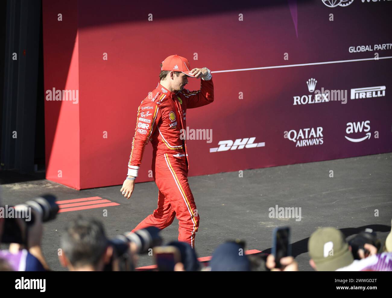 MELBOURNE, AUSTRALIA. 24 marzo 2024. 16 Charles Leclerc (MCO) Scuderia Ferrari dopo le celebrazioni post gara a seguito del completamento del terzo round FIA Formula 1 Rolex Australian Grand Prix 2024 dal 22 al 24 marzo presso l'Albert Park Street Circuit di Melbourne, Australia. Crediti: Karl Phillipson/Alamy Live News. Foto Stock