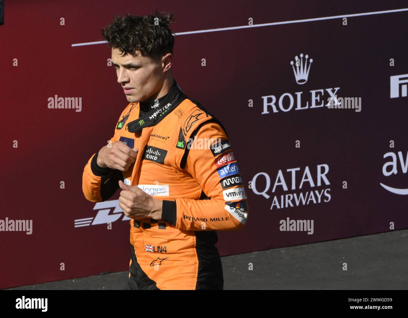 MELBOURNE, AUSTRALIA. 24 marzo 2024. 04 Lando Norris (GBR) McLaren Formula 1 Team dopo la gara a seguito del completamento del terzo round del FIA Formula 1 Rolex Australian Grand Prix 2024 dal 22 al 24 marzo presso l'Albert Park Street Circuit di Melbourne, Australia. Crediti: Karl Phillipson/Alamy Live News. Foto Stock