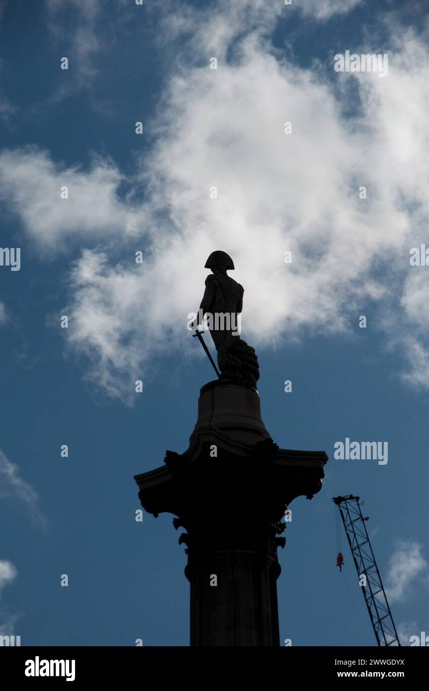 Nelson, Nelson's Column, Trafalgar Square, London's West-End, Londra, Regno Unito - con gru Foto Stock