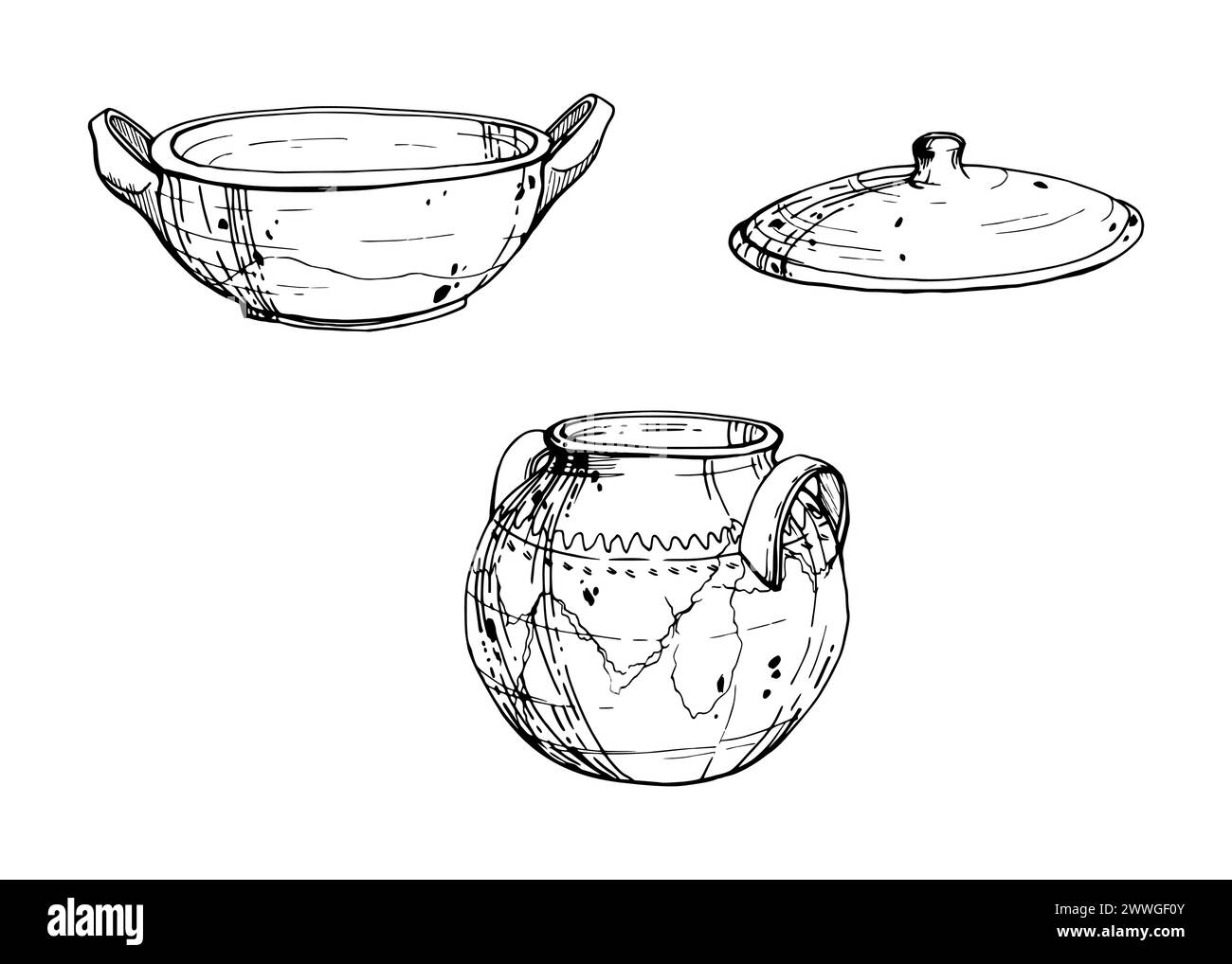 Illustrazione del vettore d'inchiostro disegnato a mano, vaso in ceramica tradizionale di argilla fatta a mano. Set di oggetti isolati su sfondo bianco. Design da viaggio Illustrazione Vettoriale