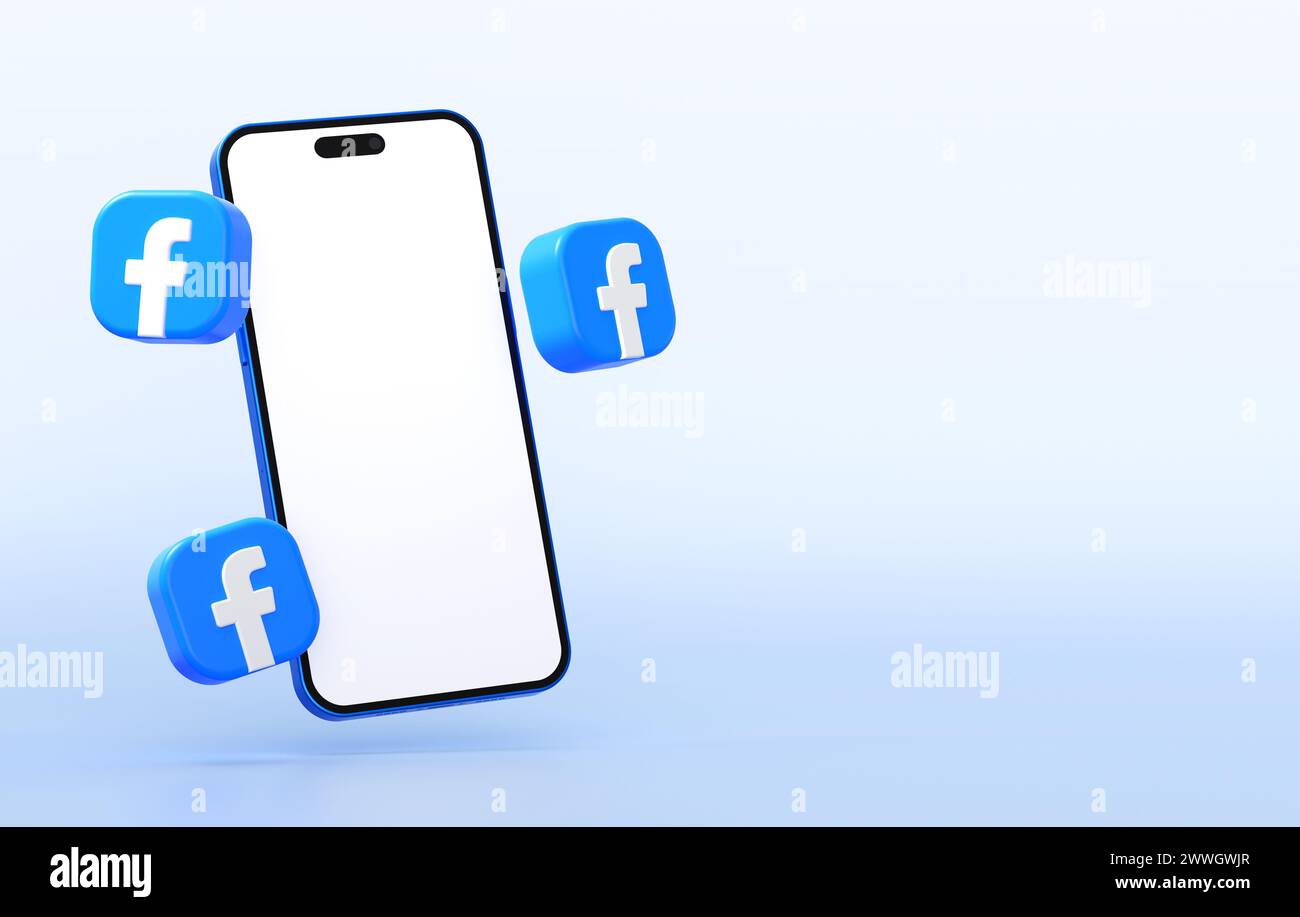 Valencia, Spagna - marzo 2024: Icone dell'app di Facebook con un modello di telefono cellulare per un modello di social media marketing in rendering 3D. Facebook è un popu Foto Stock