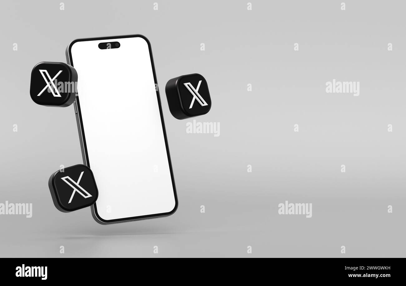 Valencia, Spagna - marzo 2024: Icone dell'app x con mockup del telefono cellulare isolate su uno sfondo scuro nel rendering 3D. X è il nuovo nome e logo del socio Foto Stock