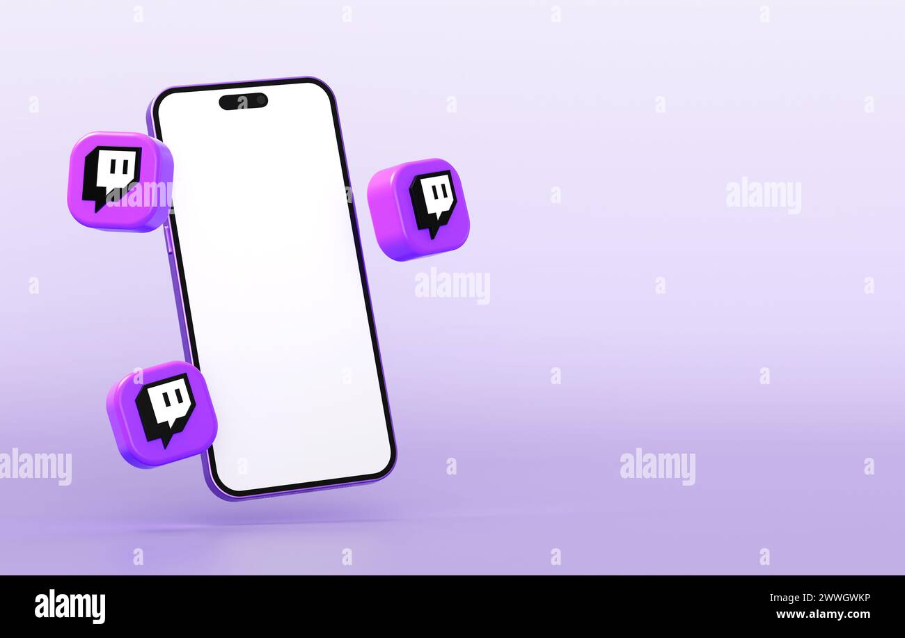 Valencia, Spagna - marzo 2024: Icone dell'app Twitch con un mockup per cellulare per un modello di social media marketing in rendering 3D. Twitch e' un grande live Foto Stock