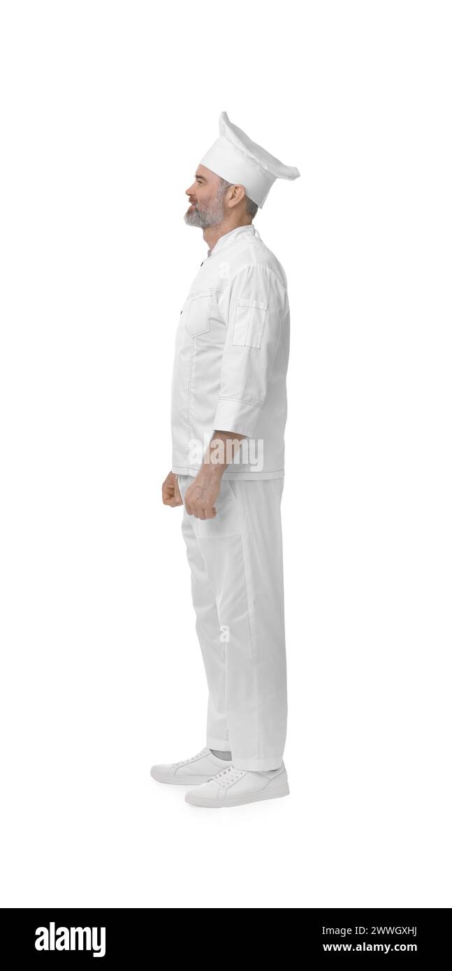 Chef professionista in uniforme su sfondo bianco Foto Stock