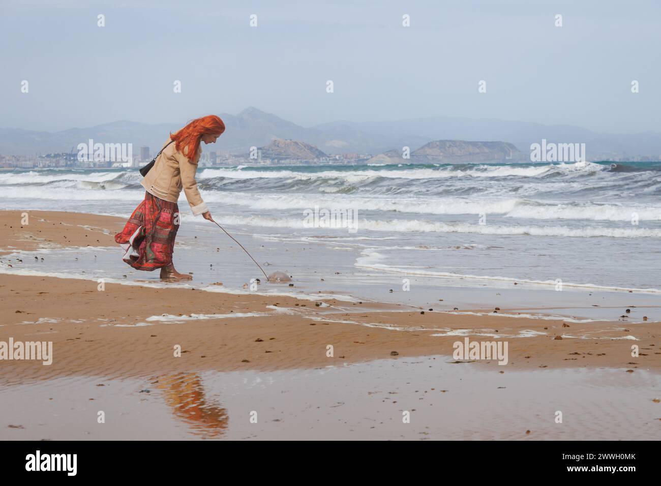 Donna dai capelli rossi che sputa una medusa con un bastone per controllare se vive ancora sulla spiaggia di El Altet, in Spagna Foto Stock