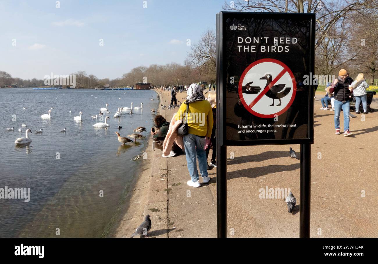 Non dare da mangiare all'insegna degli uccelli, al Serpentine, al lago, a Hyde Park, a Londra, Inghilterra, Regno Unito Foto Stock