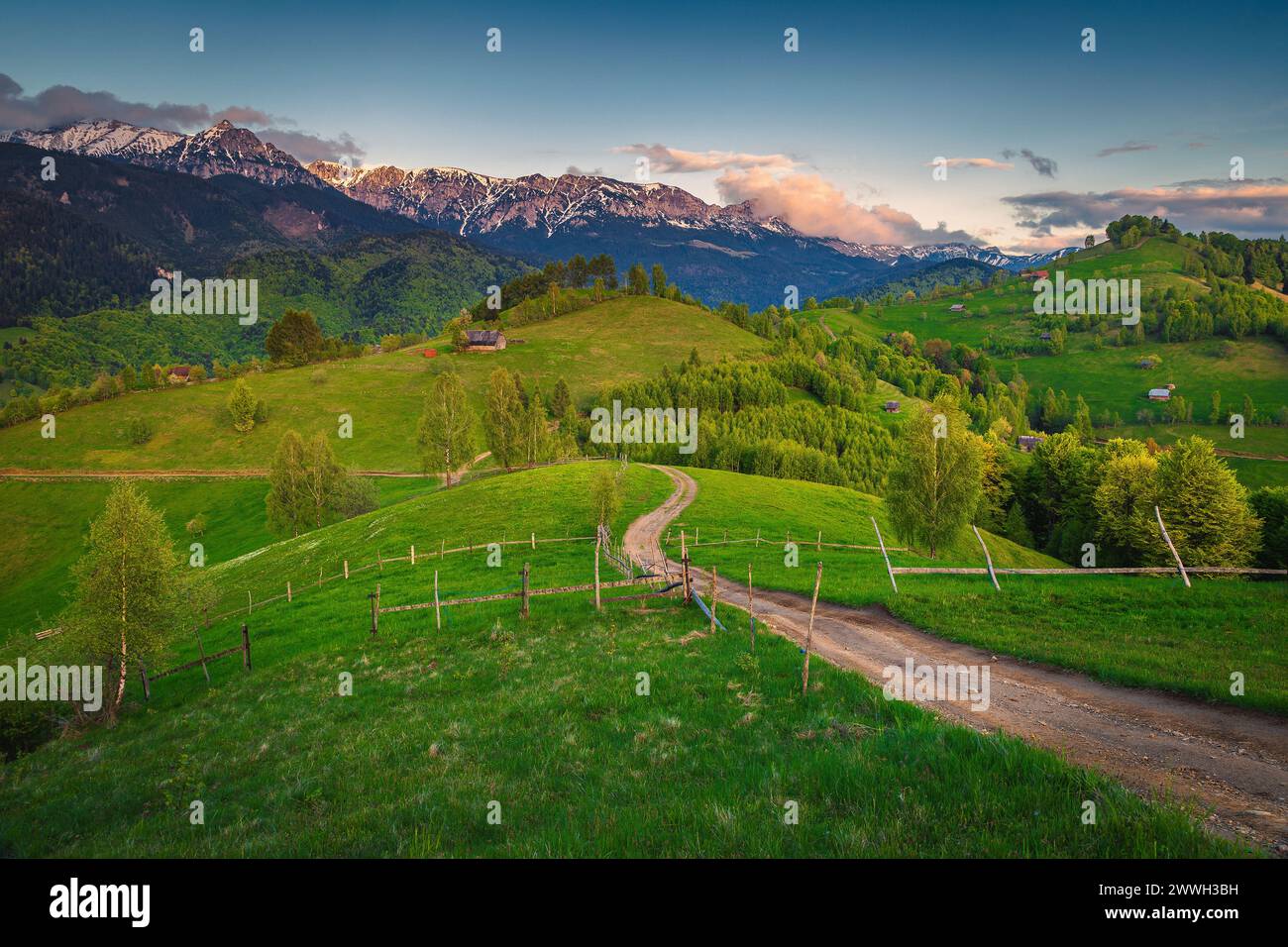 Spettacolare strada rurale curva sulle colline e maestose alte montagne sullo sfondo al tramonto, montagne Bucegi, Carpazi, Romania, Europa Foto Stock