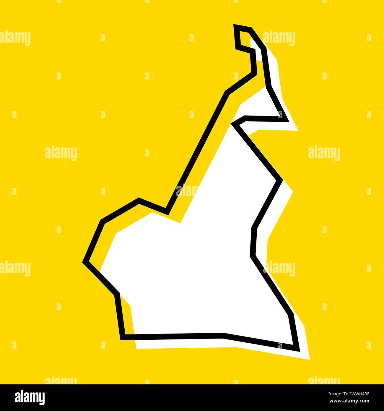 Mappa semplificata del paese del Camerun. Silhouette bianca con contorno nero spesso su sfondo giallo. Semplice icona vettoriale Illustrazione Vettoriale