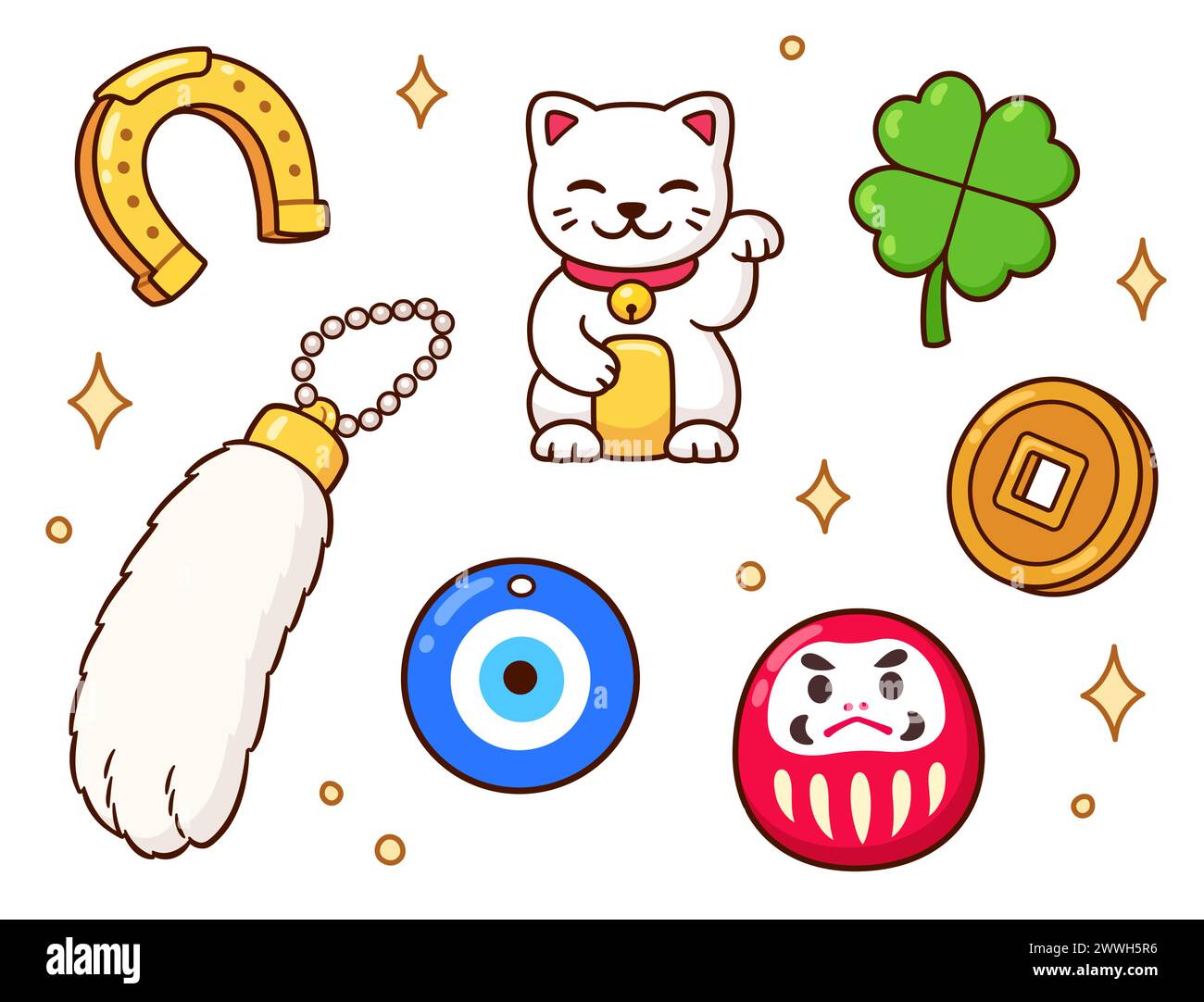 Set di disegni per amuleti e portafortuna. Ferro di cavallo, trifoglio, occhio malvagio, piede di coniglio, maneki neko, daruma. Carino cartone animato disegnato a mano, vettoriale Illustrazione Vettoriale