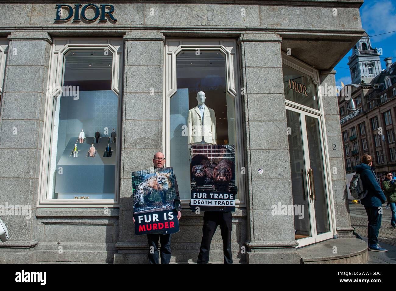 Amsterdam, Paesi Bassi. 23 marzo 2024. Due uomini sono visti con cartelloni con immagini di animali morti a causa dell'uso di pellicce nei vestiti. Un gruppo di attivisti anti-pelliccia ha protestato sabato mattina di fronte al negozio DIOR nel centro di Amsterdam, per chiedere di smettere di vendere pellicce. Il gruppo rimase davanti alla porta d'ingresso tenendo striscioni e foto di animali sofferenti e gridando slogan contro DIOR e contro l'uso di pellicce di animali nei vestiti. (Foto di Ana Fernandez/SOPA Images/Sipa USA) credito: SIPA USA/Alamy Live News Foto Stock