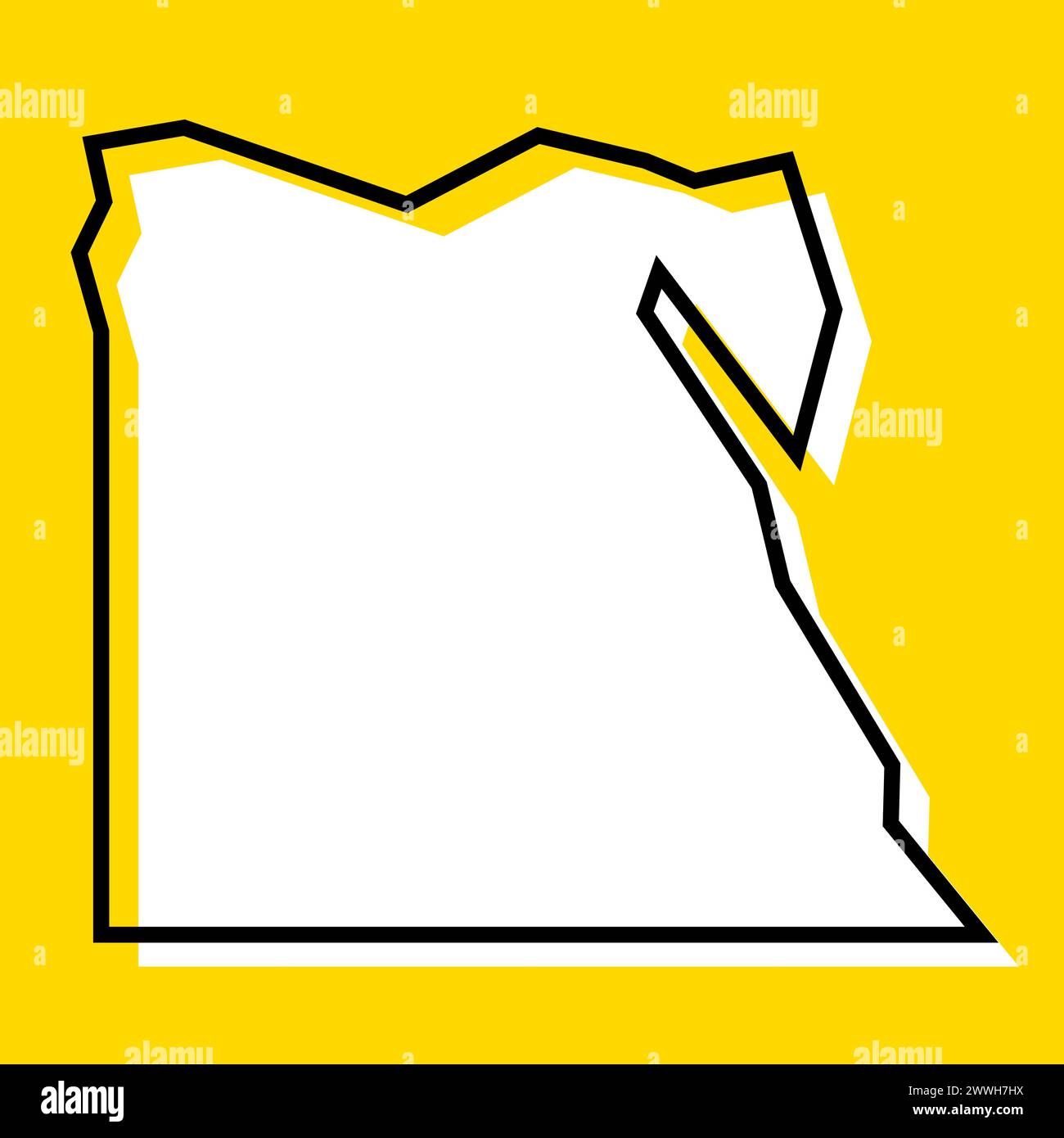 Mappa semplificata paese Egitto. Silhouette bianca con contorno nero spesso su sfondo giallo. Semplice icona vettoriale Illustrazione Vettoriale