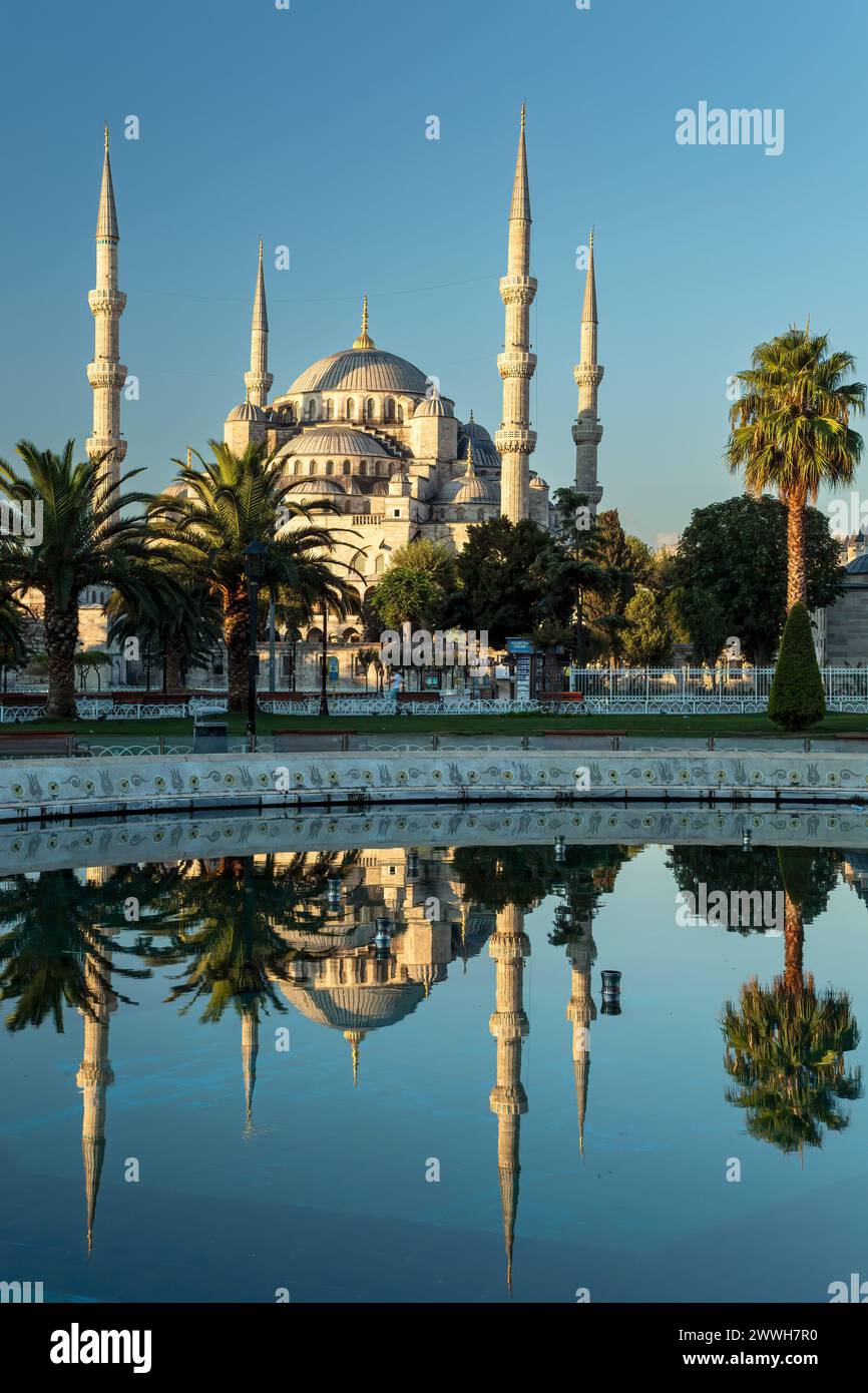 La moschea blu riflessa sulla piscina, Istanbul, Turchia Foto Stock