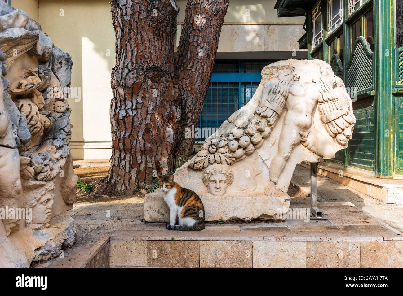 Particolare del pannello di rilievo greco-romano, esposto al Museo Archeologico di Antalya, Turchia. Foto Stock