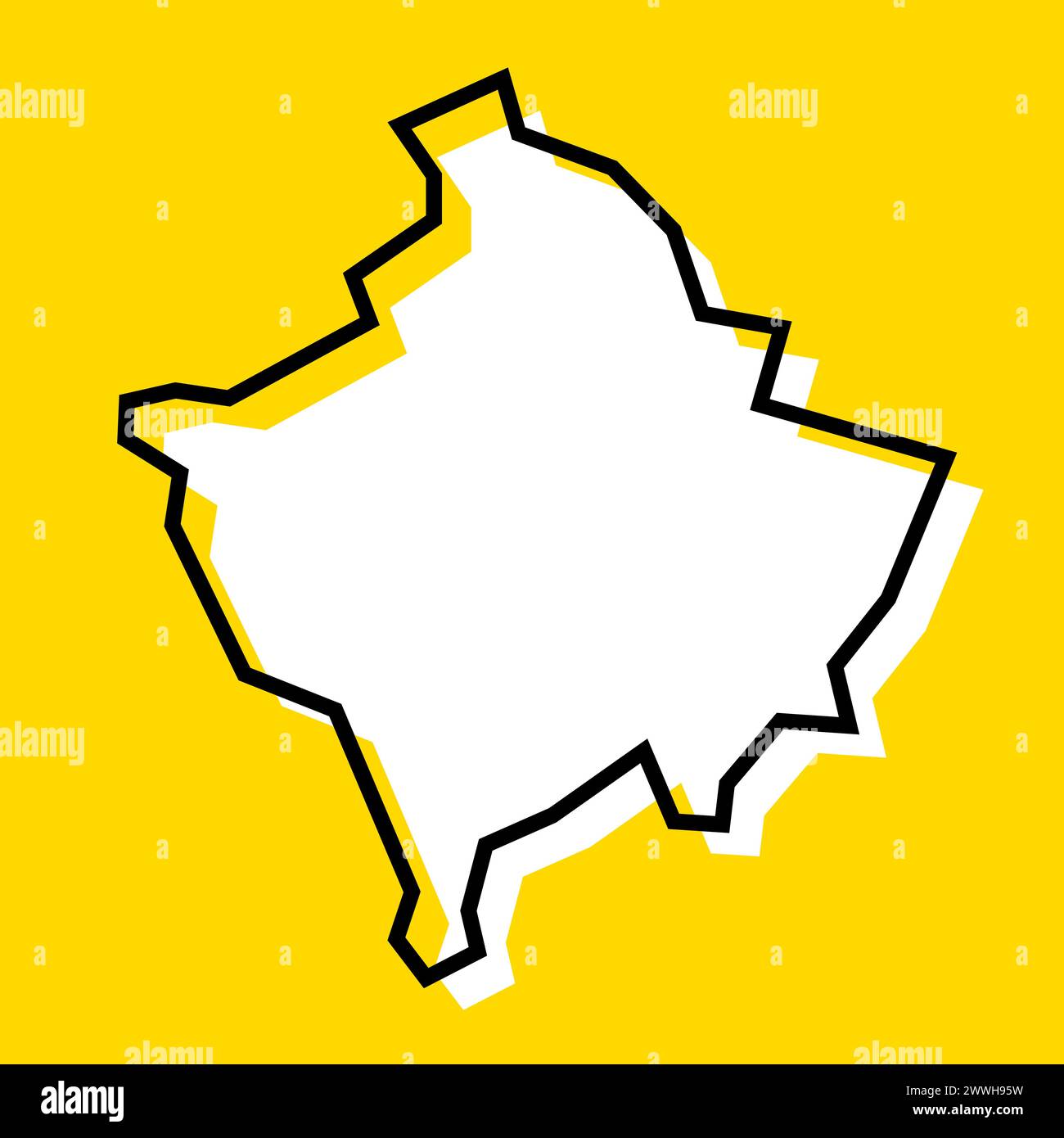 Mappa semplificata del paese del Kosovo. Silhouette bianca con contorno nero spesso su sfondo giallo. Semplice icona vettoriale Illustrazione Vettoriale