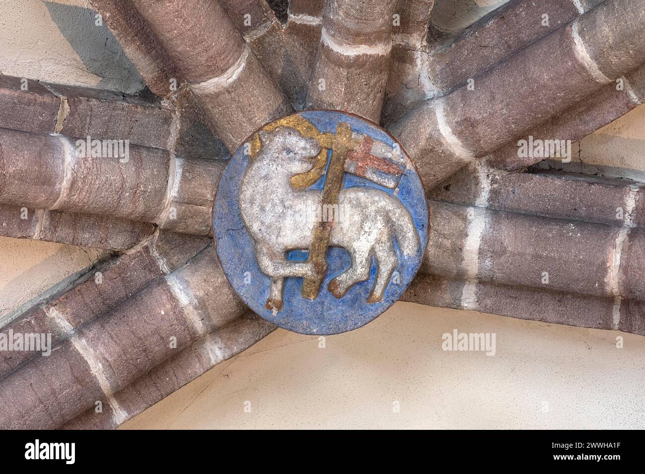 Agnello di Dio Agnus dei, chiave di volta nella volta gotica, Chiesa di Santa chiara, Koenigstrasse 66, Norimberga, Franconia media, Baviera, Germania Foto Stock