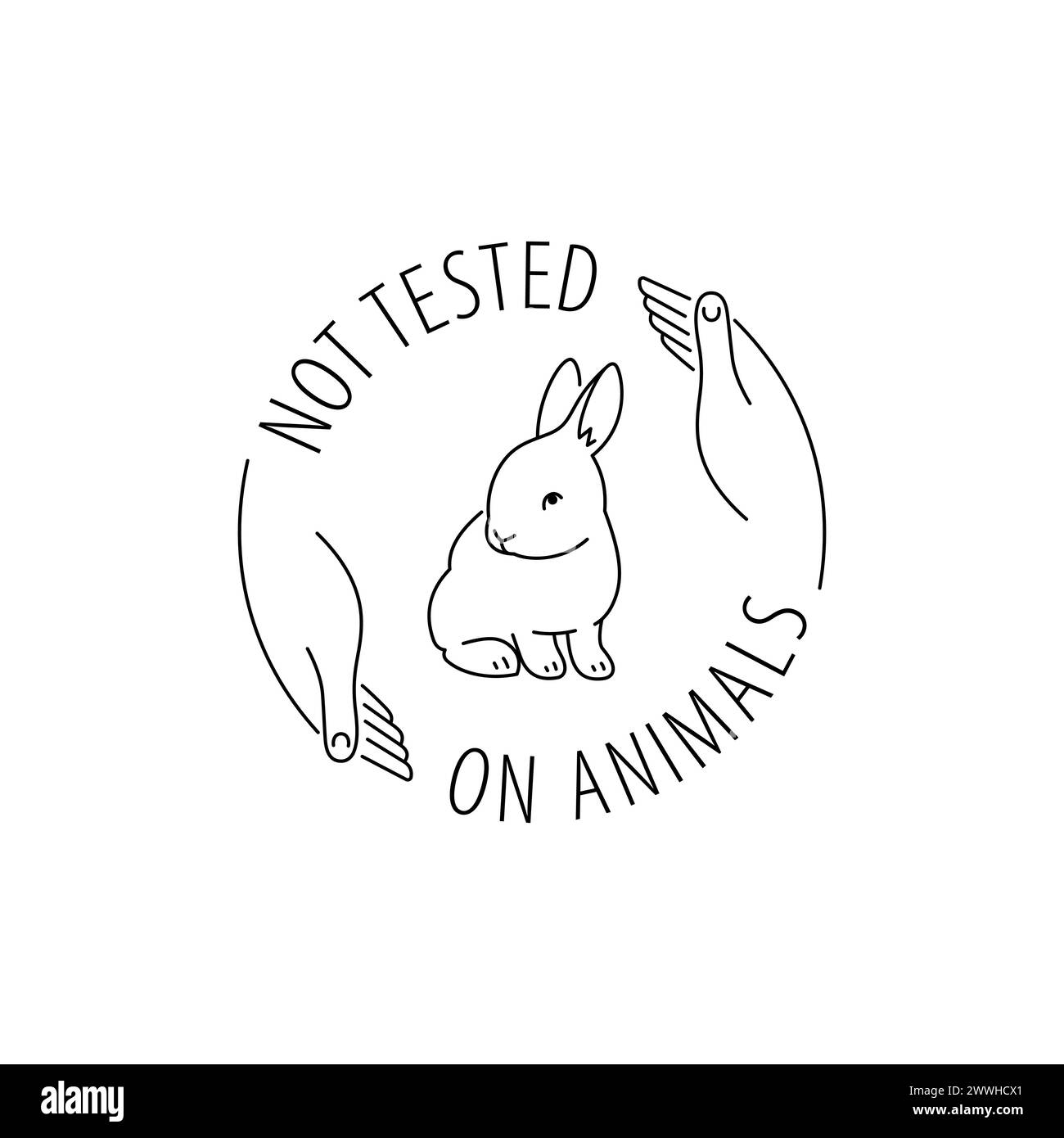 Icona di linea sottile senza crudeltà. Non testato su etichetta con il logo del profilo degli animali per imballaggi di prodotti a misura di animali. Simpatico coniglio lineare con testo in cerchio. Illustrazione Vettoriale