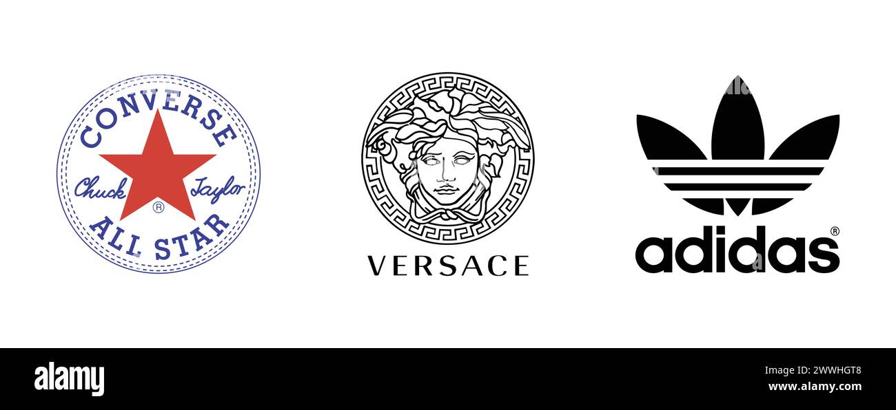 Adidas Originals, Versace, Converse All Star . Collezione di logo vettoriali editoriali. Illustrazione Vettoriale