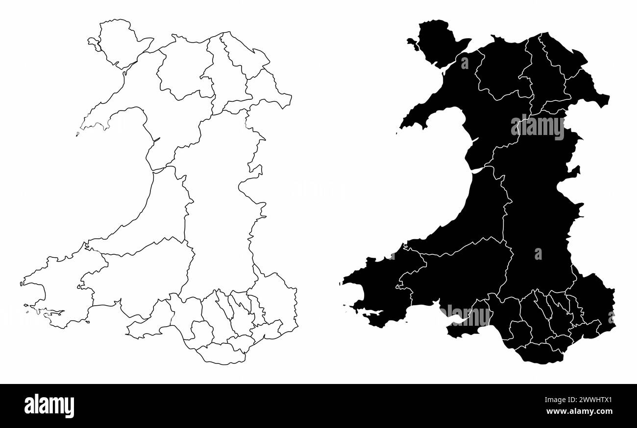 Le mappe amministrative in bianco e nero del Galles Illustrazione Vettoriale
