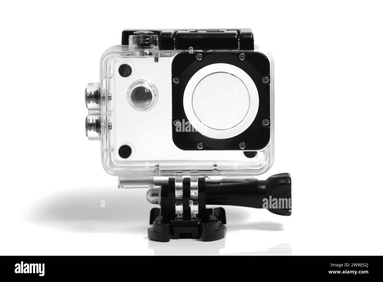 Custodia impermeabile per una action camera. Su sfondo bianco Foto Stock