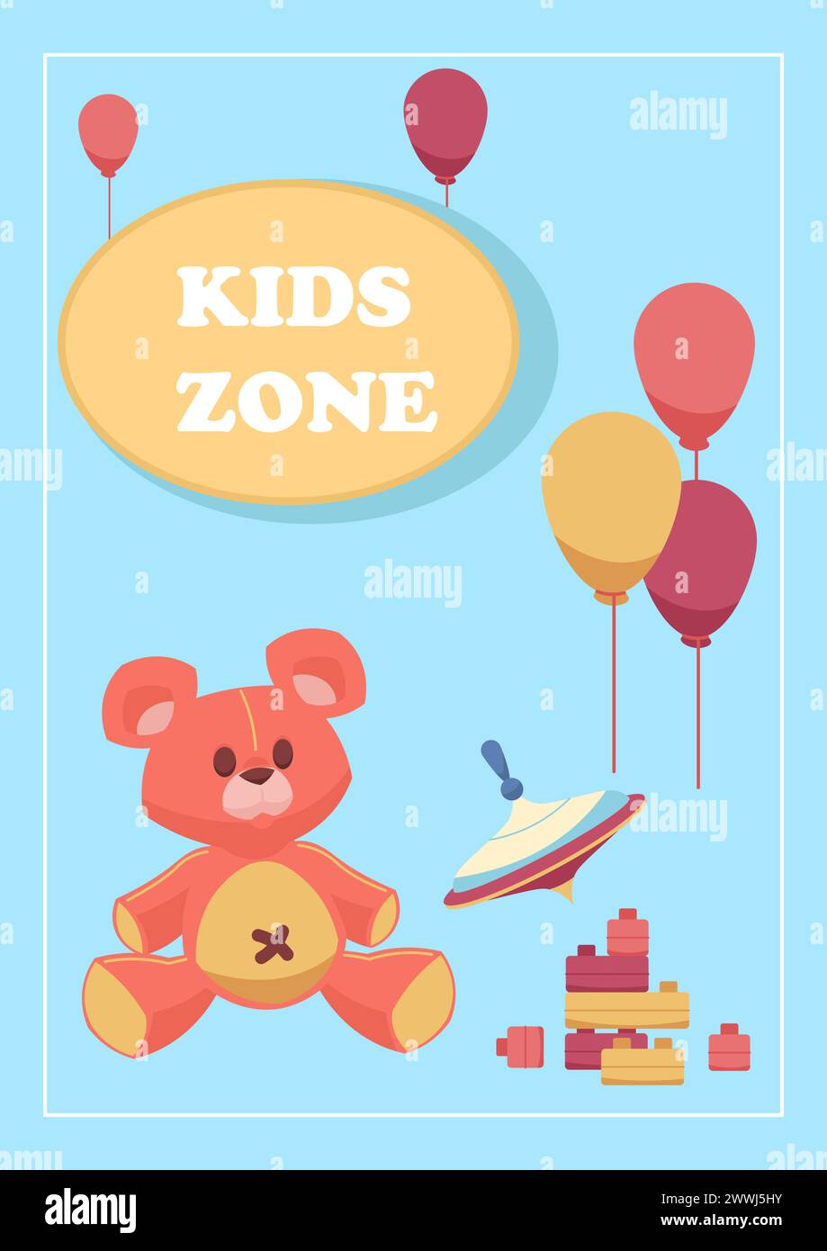 Giocattoli carini. Zona bambini. Giocattoli per bambini. Peluche. Palloncini e vortice. Banner parco giochi. Giocare a cubi. Intrattenimento in sala giochi. Bambini divertenti. Design della scheda vettoriale per bambini Illustrazione Vettoriale