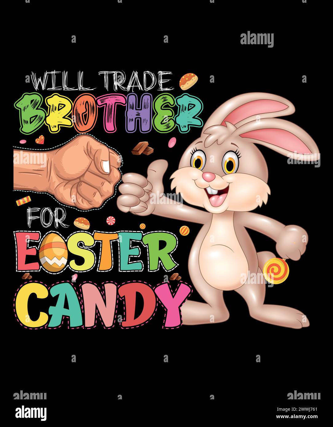 T shirt di Pasqua. Solo offerte dolci: Scambierà Brother per le caramelle pasquali. Illustrazione Vettoriale