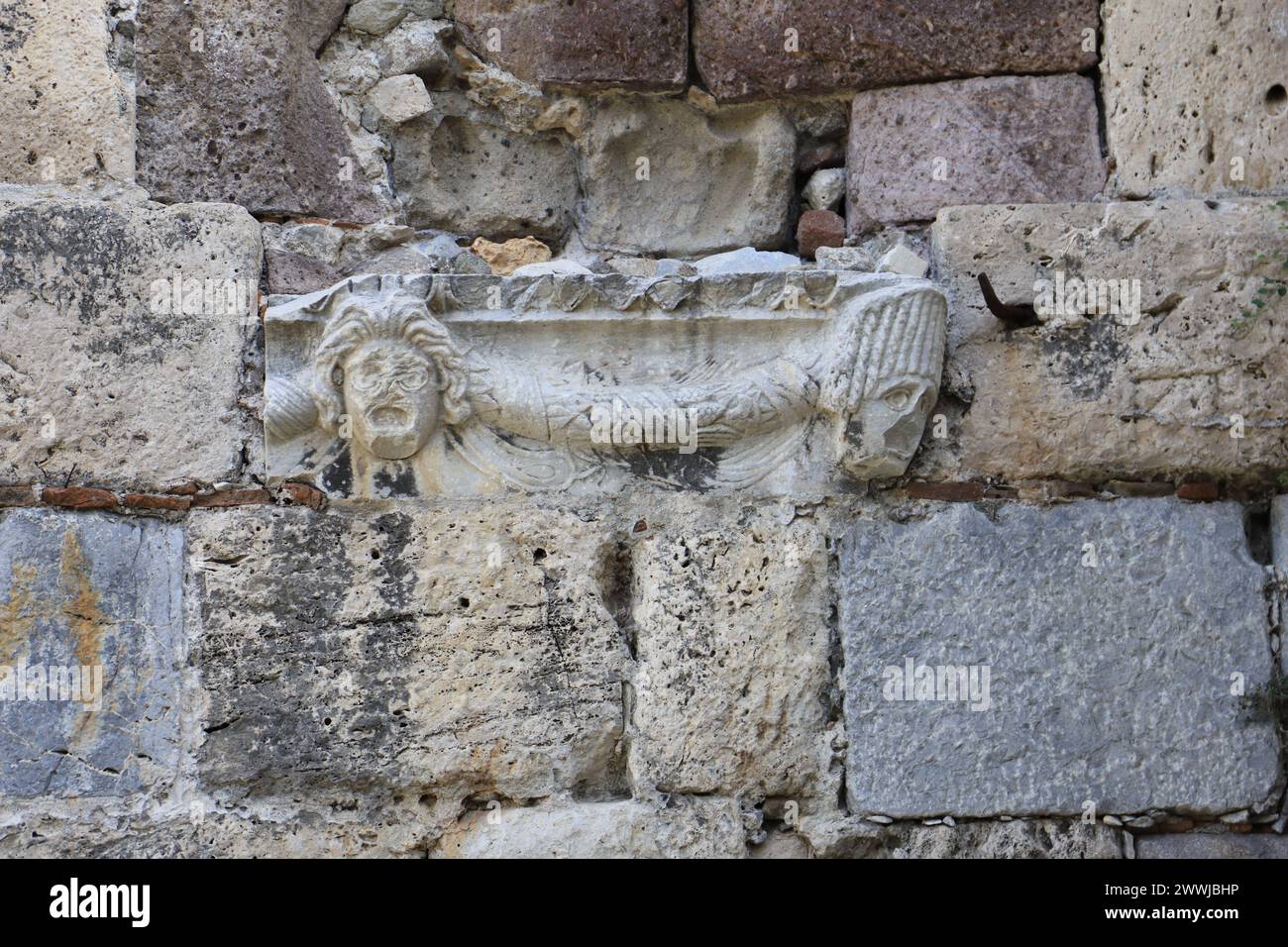Maschere greche a St. Castello di John a Kos, Grecia Foto Stock