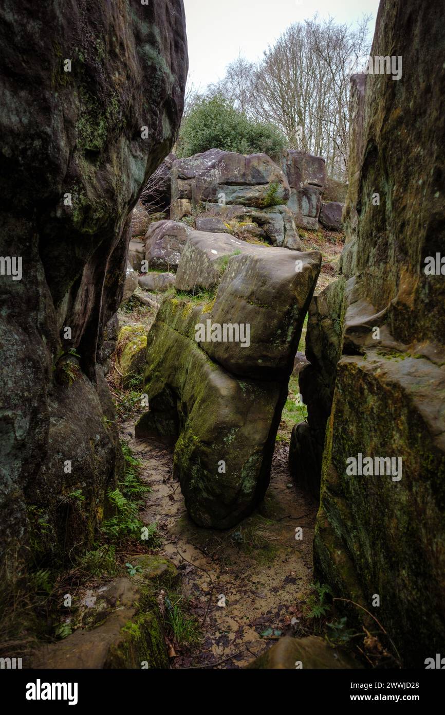 Antiche formazioni rocciose di arenaria a Tunbridge Wells Rusthall Common, erose durante l'era glaciale ed erose dal vento e dall'acqua in forme spettacolari. Foto Stock