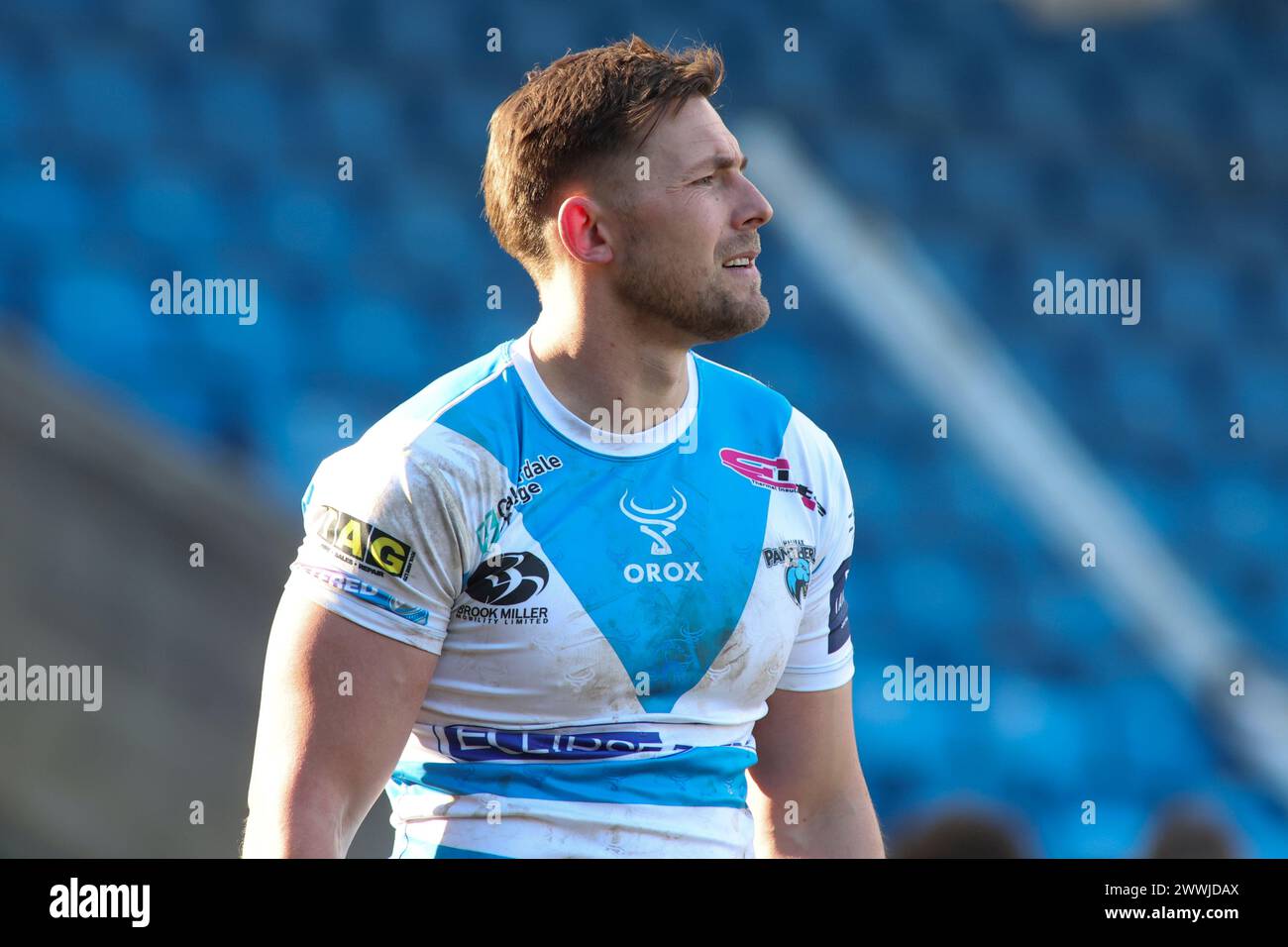 Halifax, Regno Unito. 24 marzo 2024. The Shay Stadium, Halifax, West Yorkshire, 24 marzo 2024. Betfred Challenge Cup Halifax Panthers vs Catalano Dragons Greg Eden di Halifax Panthers credito: Touchlinepics/Alamy Live News Foto Stock
