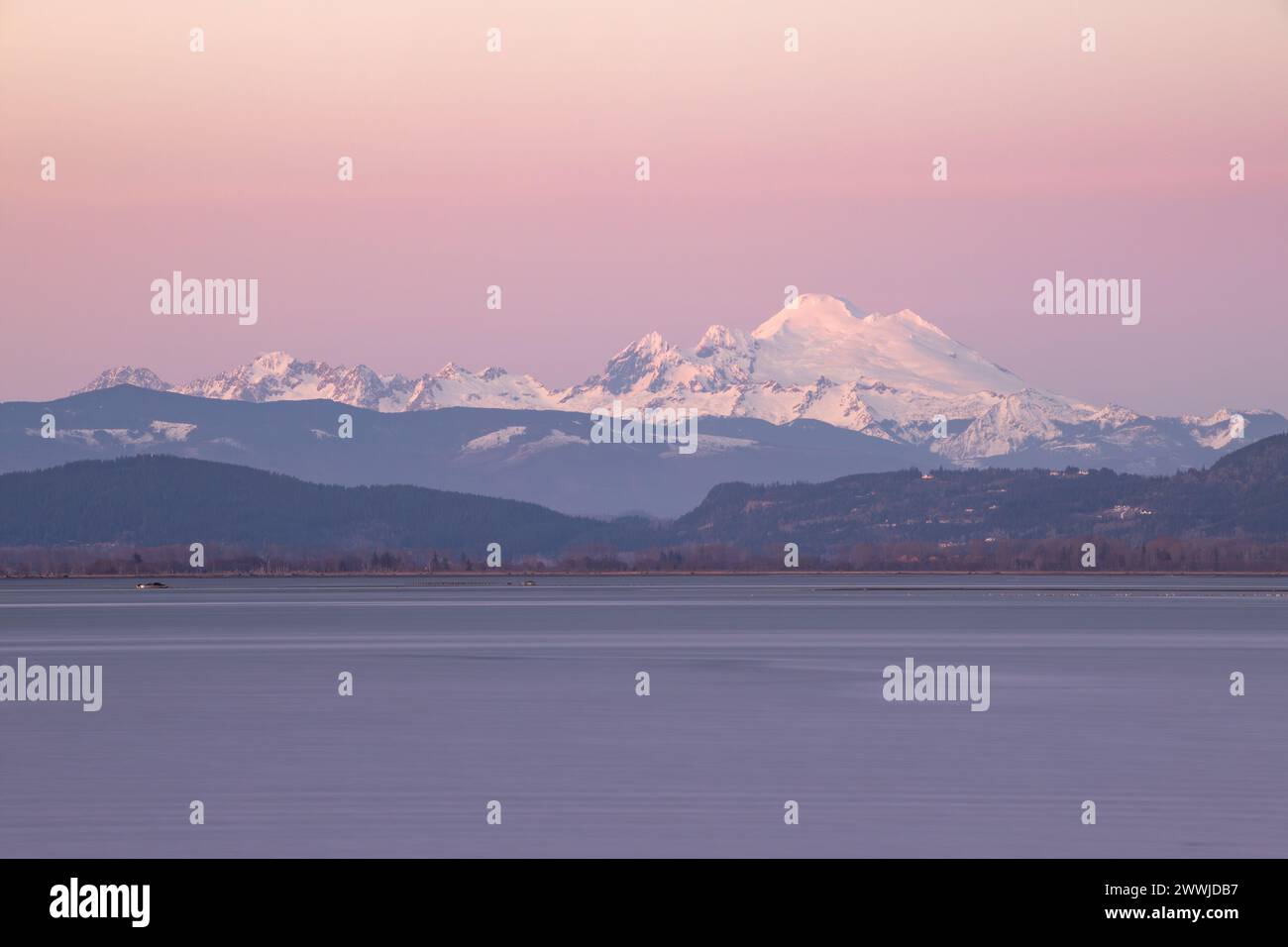 Il monte Baker è immerso nella luce pastello del tramonto in una serata invernale dall'English Boom Park sull'isola di Camano nello stato di Washington Foto Stock