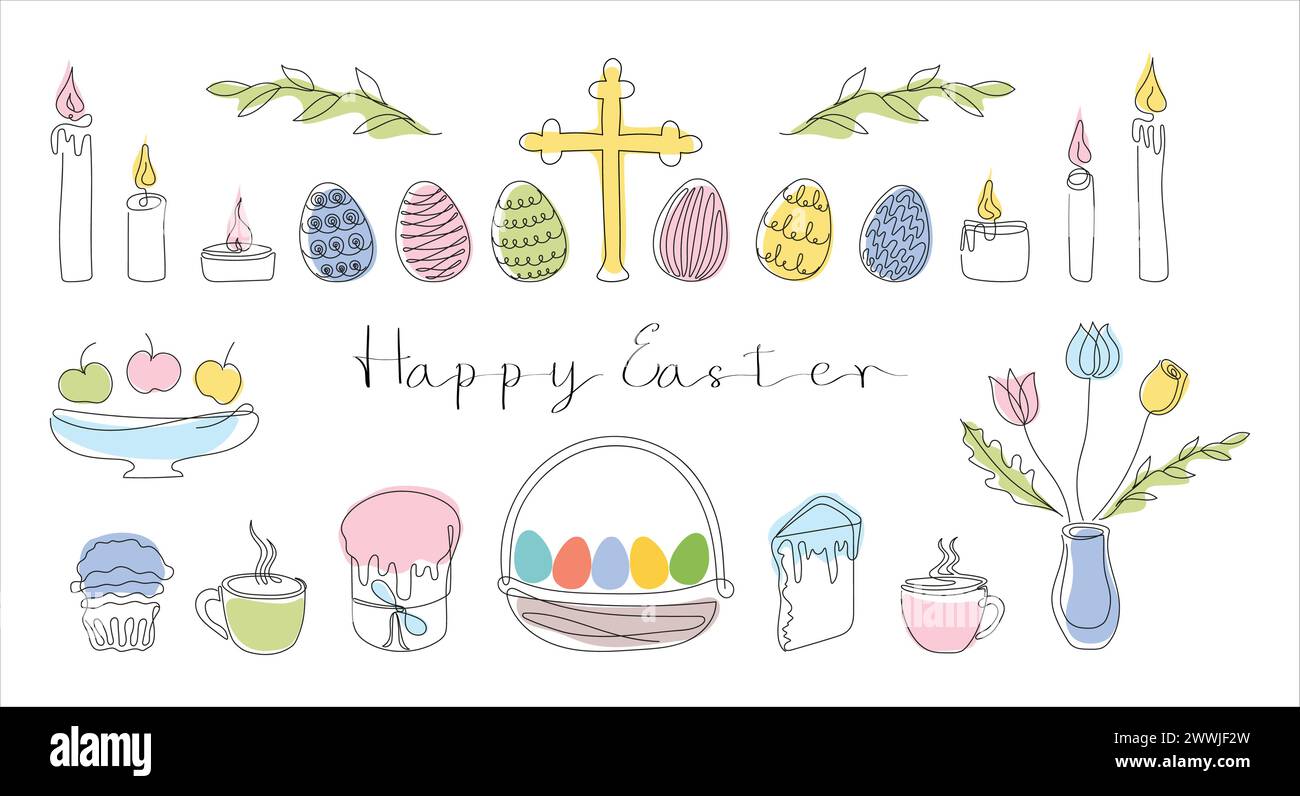 Set pasquale in stile a una linea con elementi di design come torte pasquali, uova, candele, croce, tazze, fiori, cupcake. Vettore colorato su bianco. Clipart. Cartolina di Pasqua con felice saluto pasquale. Illustrazione Vettoriale