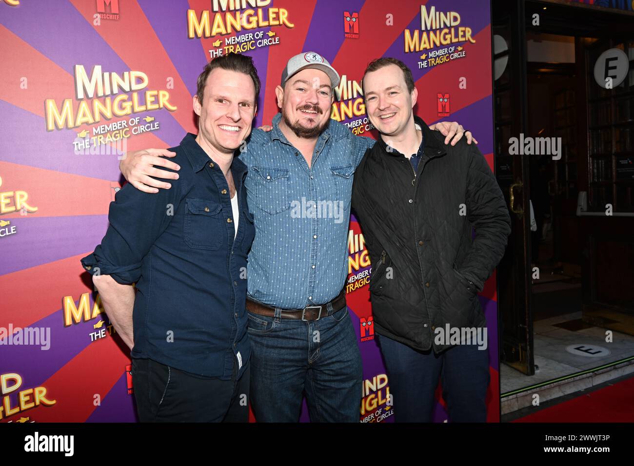 Londra, Regno Unito. 24 marzo 2024. David Howe, Rob Falconer e Greg Tannahill partecipano A Una performance di gala di Mind Mangler: Member of the Tragic Circle all'Apollo Theatre, Londra, Regno Unito. Credito: Vedi li/Picture Capital/Alamy Live News Foto Stock