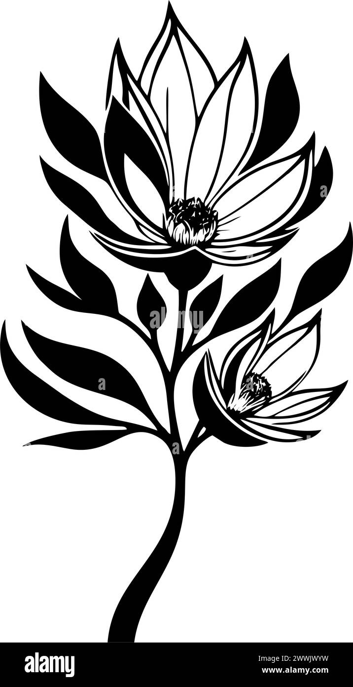 semplice disegno grafico nero del fiore magnolia, logo, tatuaggio Foto Stock