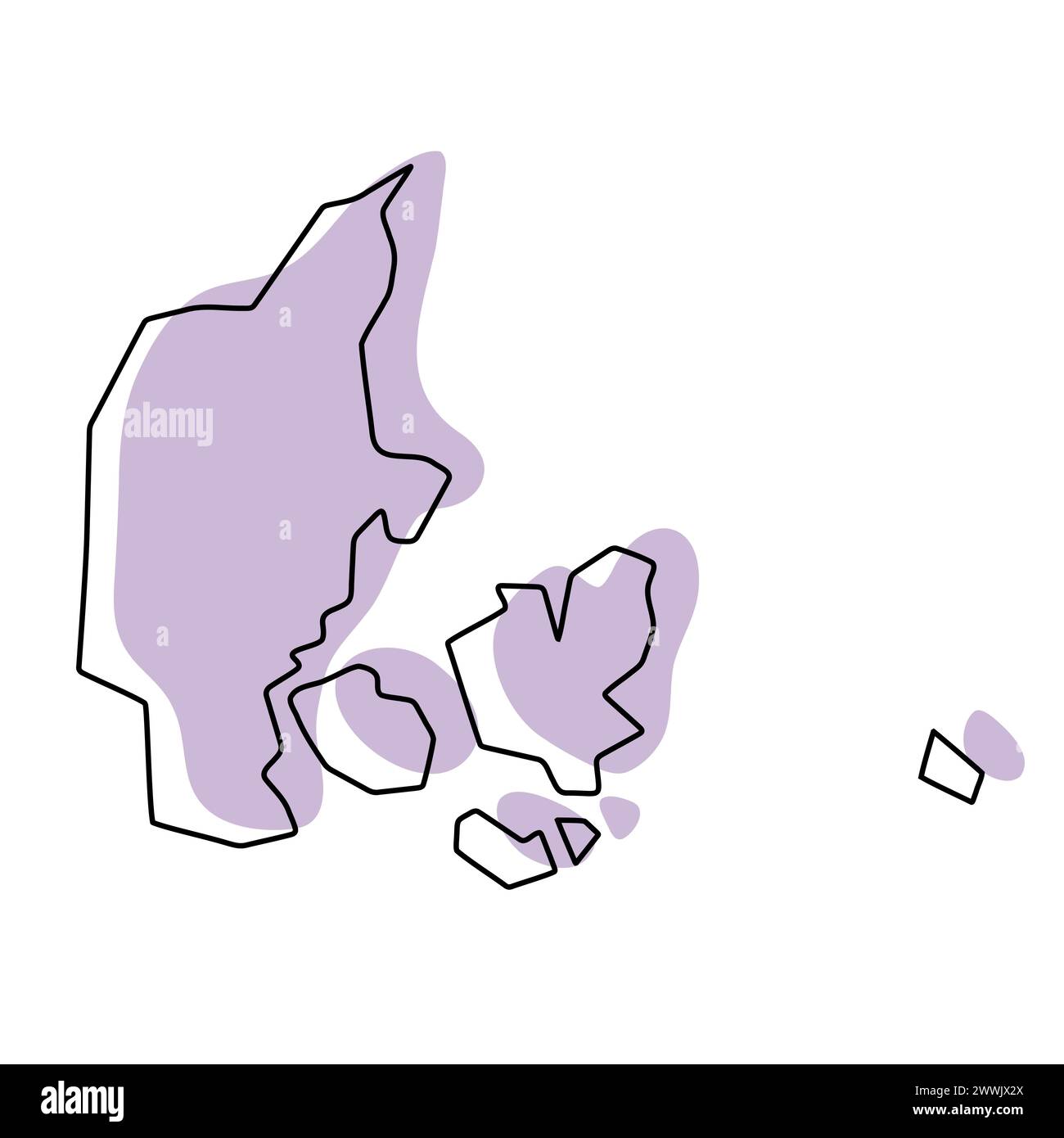 Mappa semplificata dei paesi della Danimarca. Silhouette viola con contorno sottile nero liscio isolato su sfondo bianco. Semplice icona vettoriale Illustrazione Vettoriale