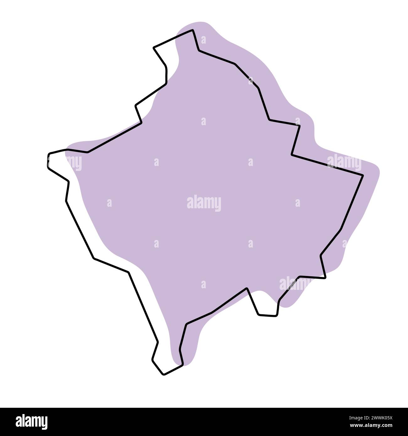 Mappa semplificata del paese del Kosovo. Silhouette viola con contorno sottile nero liscio isolato su sfondo bianco. Semplice icona vettoriale Illustrazione Vettoriale