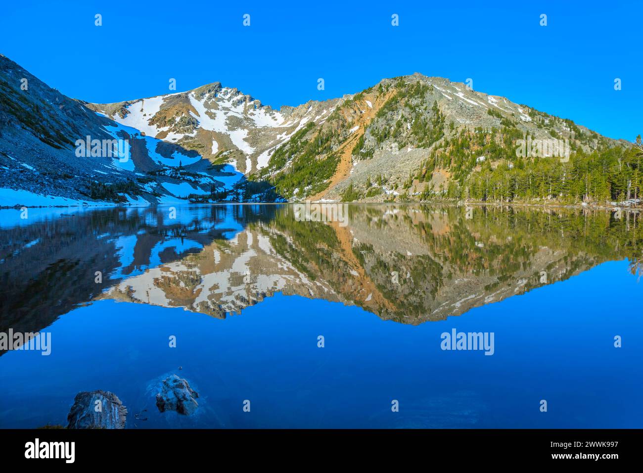 lago louise e riflesso delle cime montane nelle montagne di radice di tabacco vicino a mammoth, montana Foto Stock